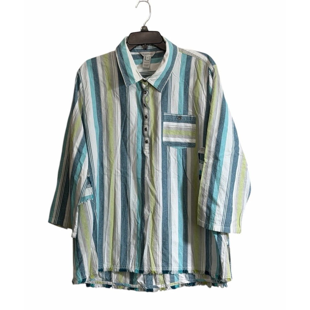 Multiples 2X Button Tunic Shirt Aqua Striped Cotton Fringe Boho Coastal